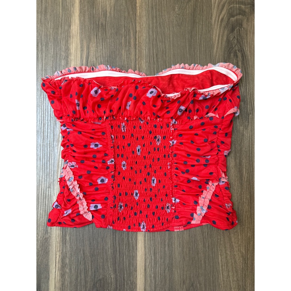 Free People Womens Scottie Tube Top Size S Red Floral Polka Dot Ruched Strapless - Picture 6 of 7
